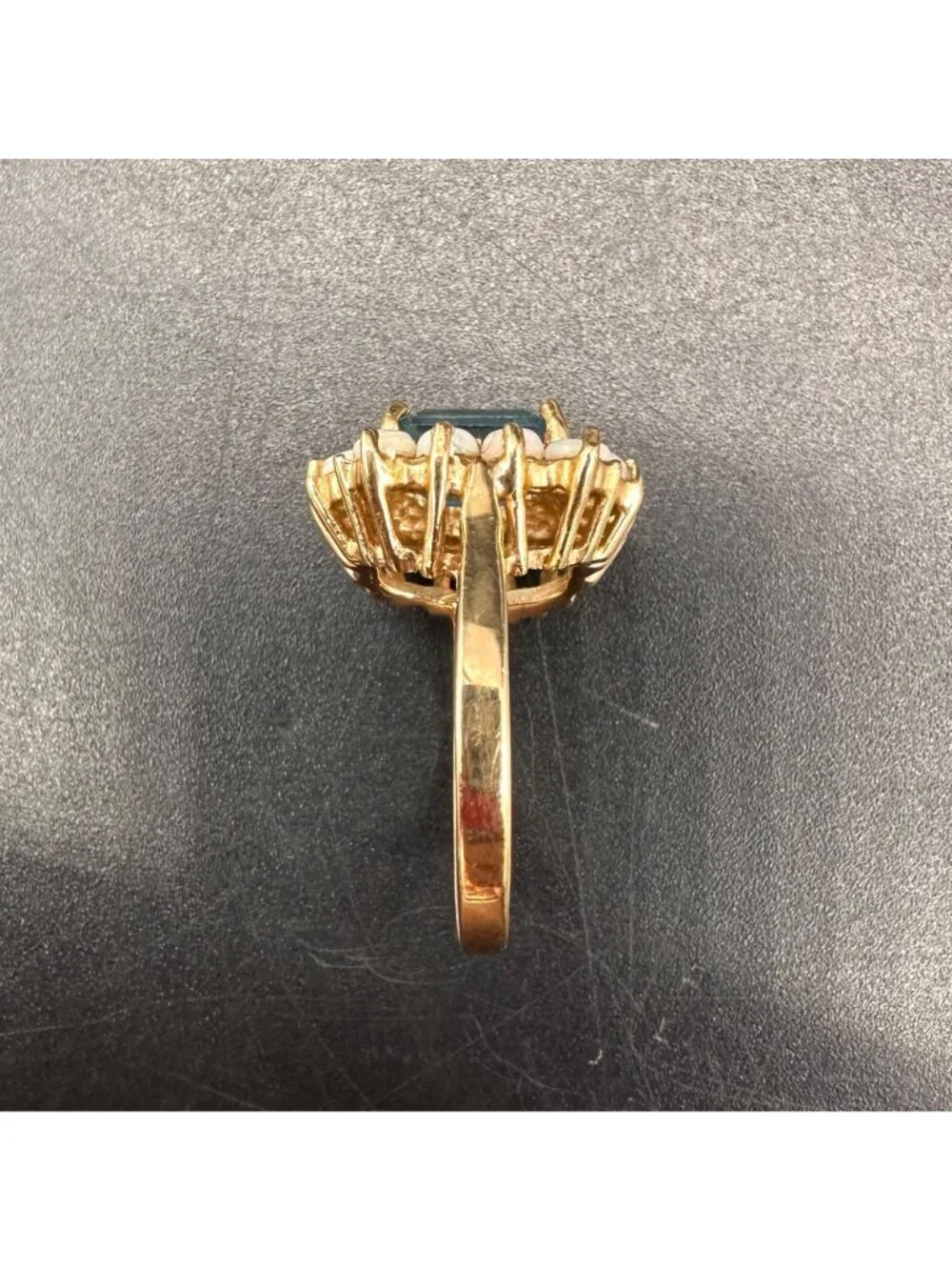Vintage Ring 14k Yellow Gold Blue Topaz Opal Cabochons Cocktail Size 5.5 Retro